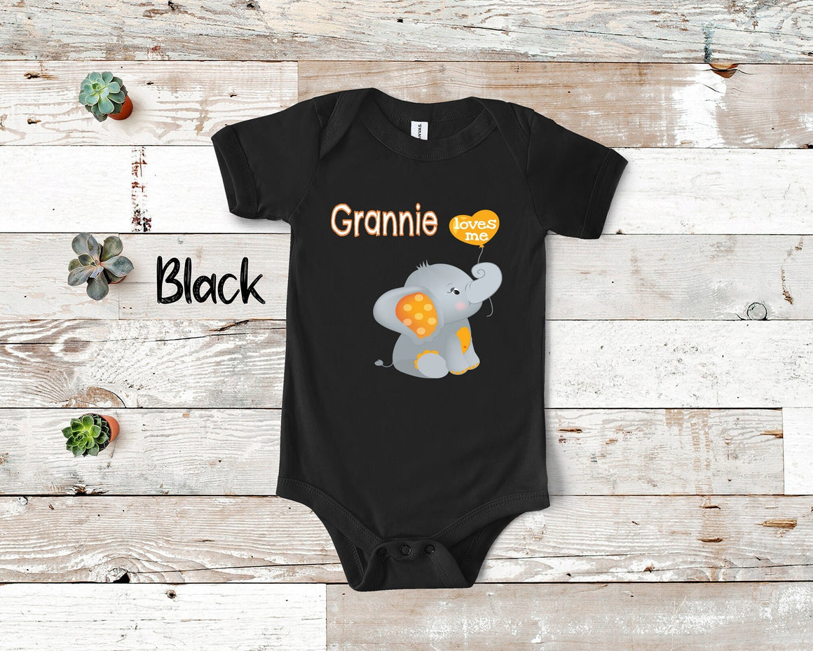 Grannie Loves Me Cute Grandma Name Elephant Baby Bodysuit, Tshirt or Toddler Shirt Special Grandmother Gift, Pregnancy Reveal Announcement