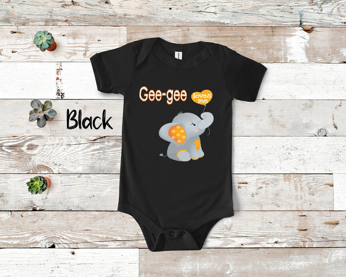 Gee-gee Loves Me Cute Grandma Name Elephant Baby Bodysuit, Tshirt or Toddler Shirt Special Grandmother Gift, Pregnancy Reveal Announcement
