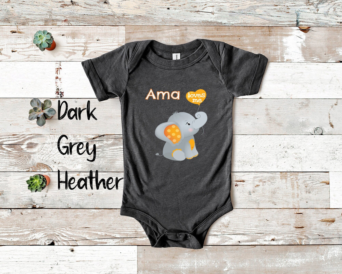 Ama Loves Me Cute Grandma Name Elephant Baby Bodysuit, Tshirt or Toddler Shirt Special Grandmother Gift or Pregnancy Reveal Announcement