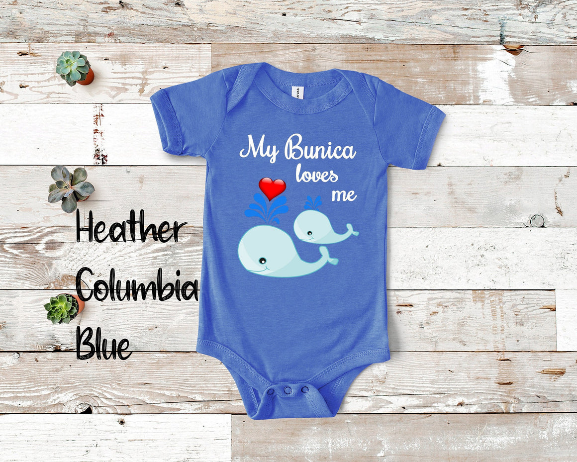 Bunica Loves Me Cute Whale Baby Bodysuit, Tshirt or Toddler Shirt Romania Romanian Grandmother Gift or Pregnancy Reveal Announcement
