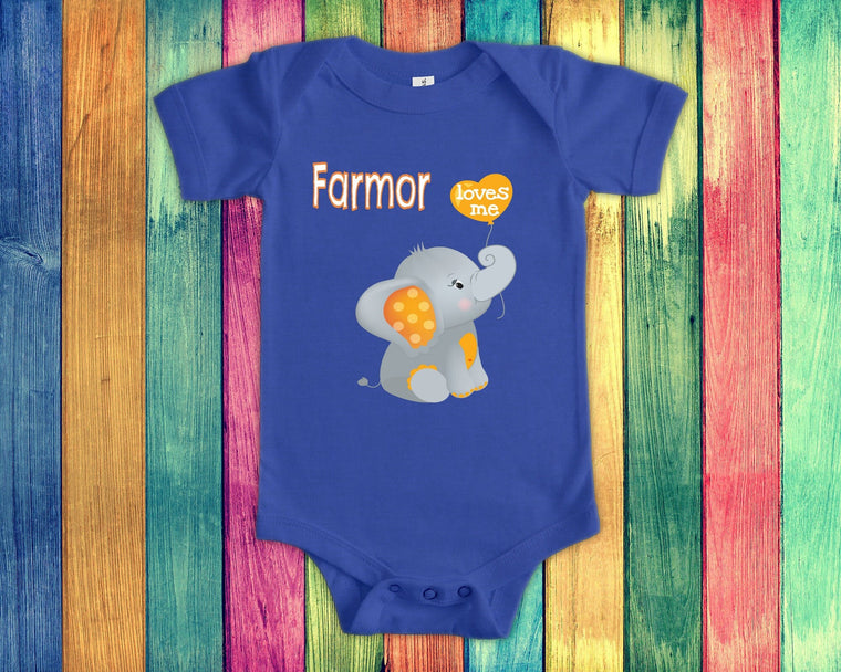 Farmor Loves Me Cute Grandma Name Elephant Baby Bodysuit, Tshirt or Toddler Shirt Danish Swedish Grandmother Gift or Pregnancy Reveal
