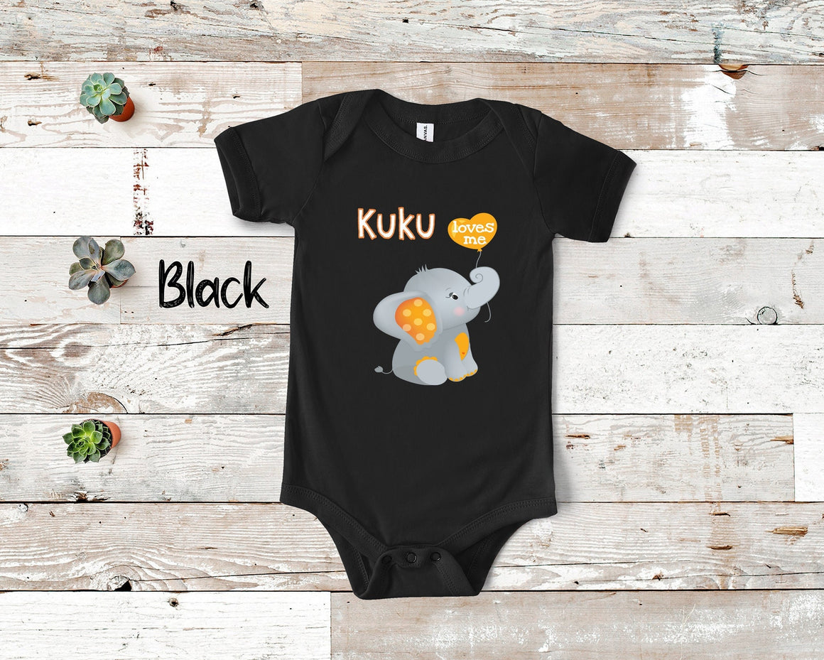 Kuku Loves Me Cute Grandma Name Elephant Baby Bodysuit, Tshirt or Toddler Shirt Hawaiian Grandmother Gift or Pregnancy Reveal Announcement