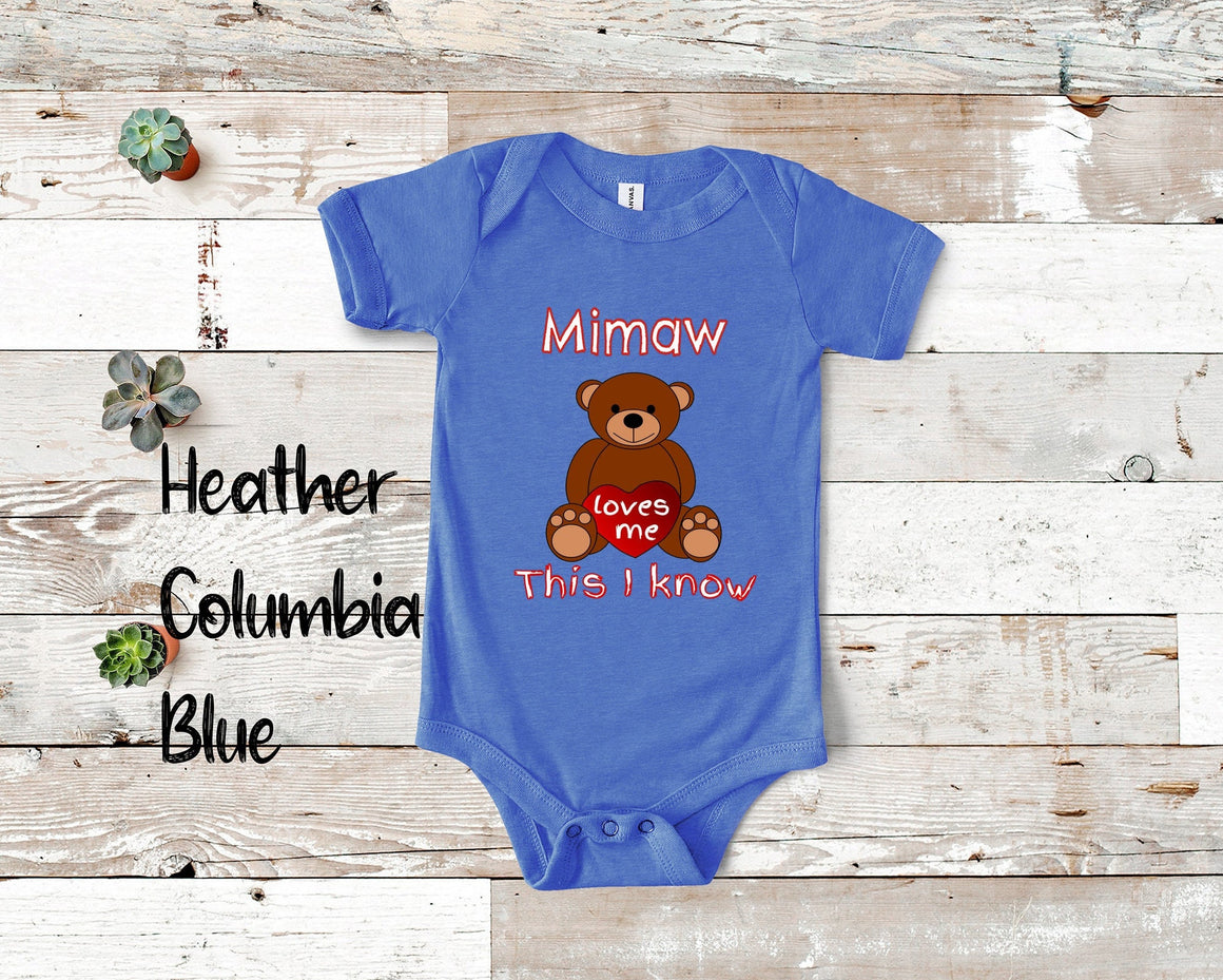 Mimaw Loves Me Cute Grandma Bear Baby Bodysuit, Tshirt or Toddler Shirt Special Grandmother Gift or Pregnancy Reveal Announcement