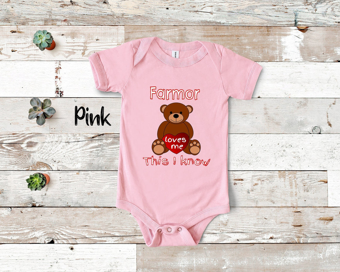 Farmor Loves Me Cute Grandma Name Bear Baby Bodysuit, Tshirt or Toddler Shirt Swedish Grandmother Gift or Pregnancy Reveal Announcement