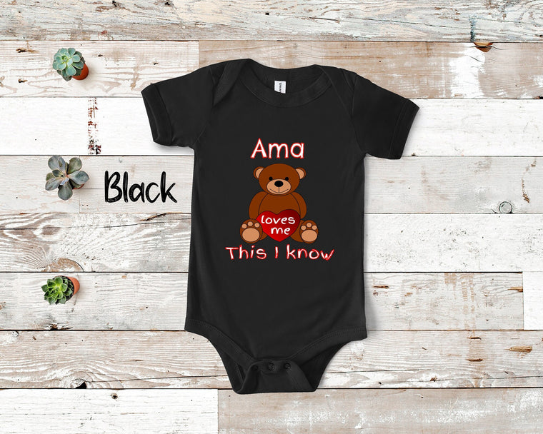 Ama Loves Me Cute Grandma Name Baby Bear Bodysuit, Tshirt or Toddler Shirt Special Grandmother Gift or Pregnancy Reveal Announcement