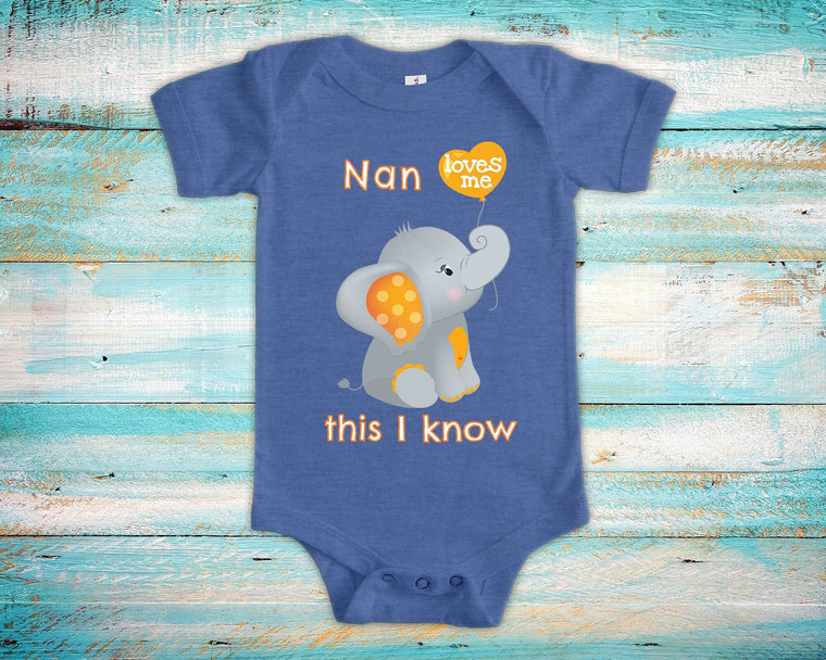 Nan Loves Me Cute Grandma Name Elephant Baby Bodysuit Unique Grandmother Gift for Granddaughter or Grandson or Pregnancy Announcement
