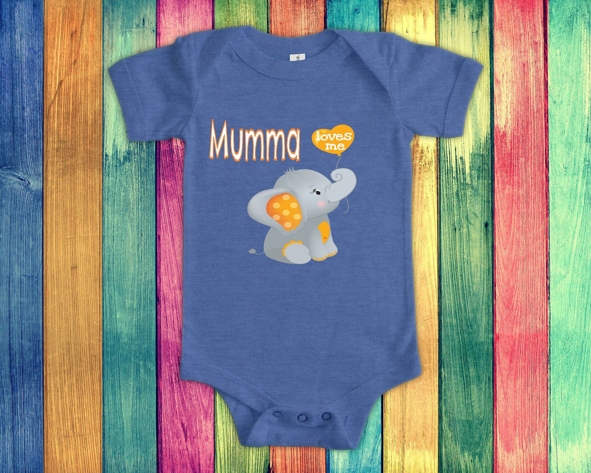 Mumma Loves Me Cute Grandma Name Elephant Baby Bodysuit, Tshirt or Toddler Shirt Finnish Grandmother Gift or Pregnancy Reveal Announcement