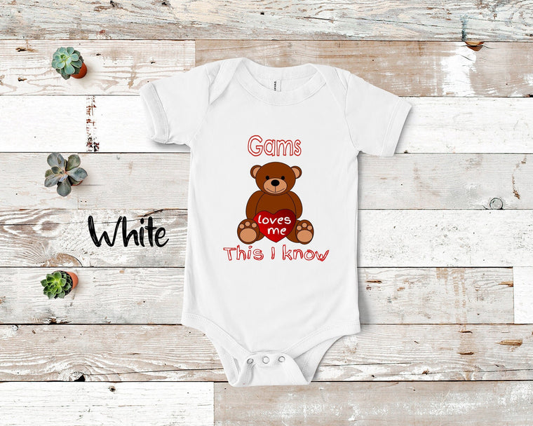Gams Loves Me Cute Grandma Bear Baby Bodysuit, Tshirt or Toddler Shirt Special Grandmother Gift or Pregnancy Reveal Announcement