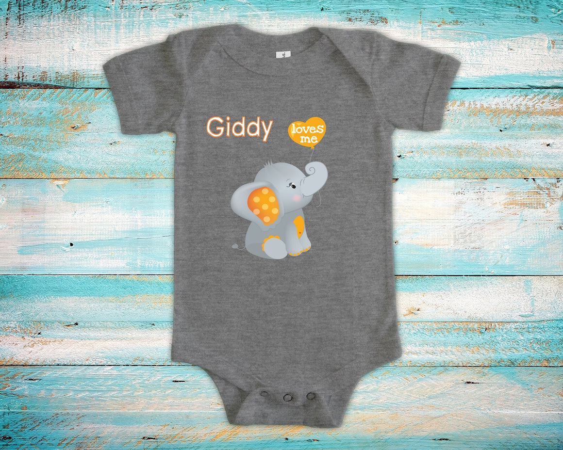 Giddy Loves Me Cute Grandpa Name Elephant Baby Bodysuit, Tshirt or Toddler Shirt Special Grandfather Gift or Pregnancy Reveal Announcement