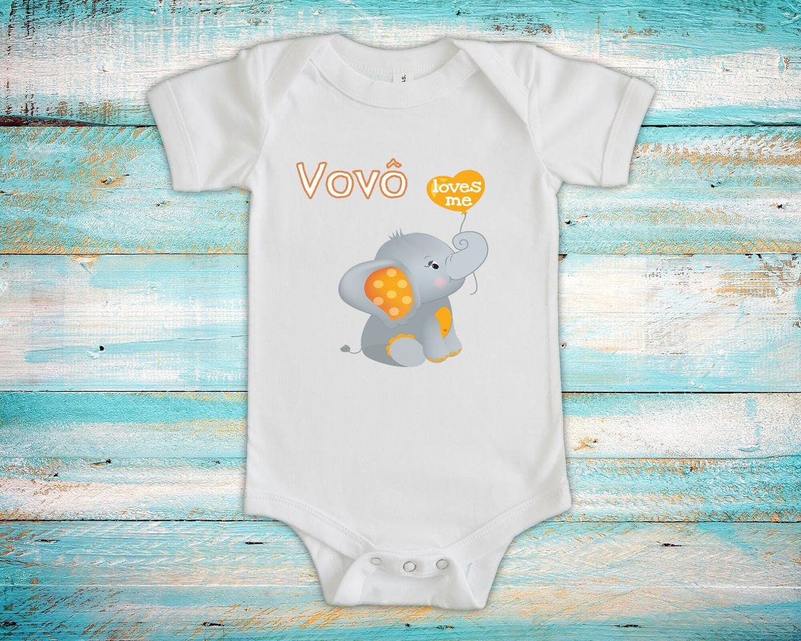 Vovô Loves Me Cute Grandpa Name Elephant Baby Bodysuit, Tshirt or Toddler Shirt Brazilian Grandfather Gift or Pregnancy Reveal Announcement