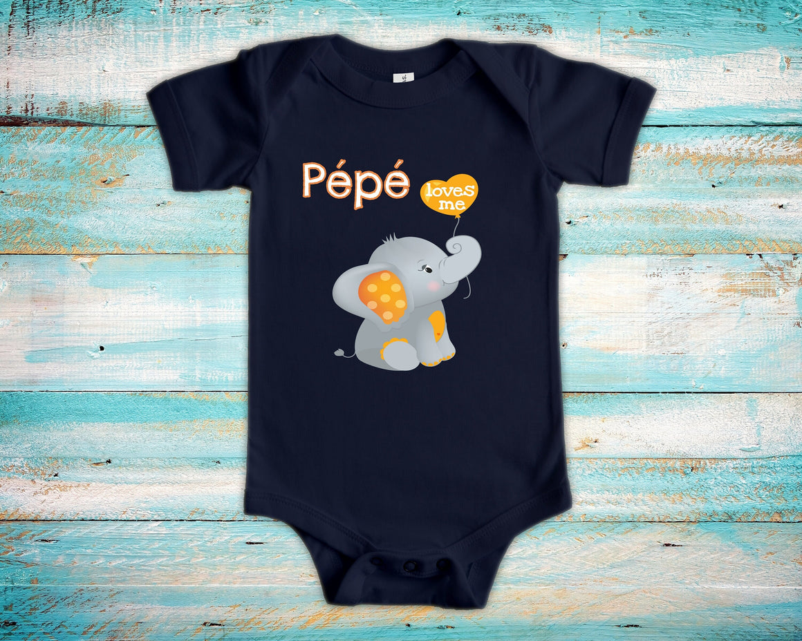 Pépé Loves Me Cute Grandpa Name Elephant Baby Bodysuit, Tshirt or Toddler Shirt French Grandfather Gift or Pregnancy Reveal Announcement