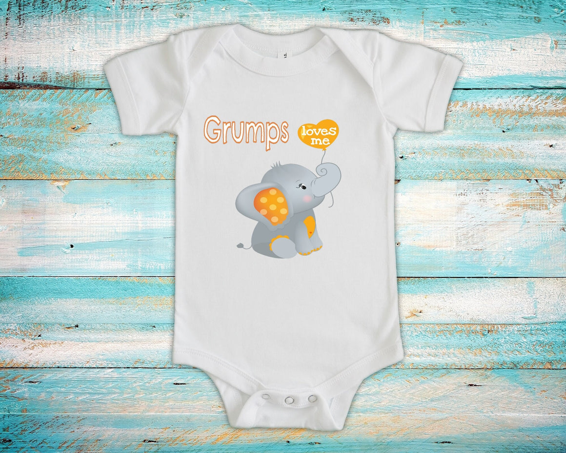 Grumps Loves Me Cute Grandpa Name Elephant Baby Bodysuit, Tshirt or Toddler Shirt Special Grandfather Gift or Pregnancy Reveal Announcement