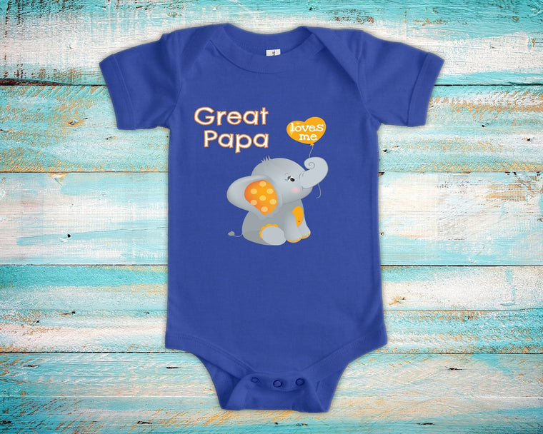 Great Papa Loves Me Cute Grandpa Name Elephant Baby Bodysuit, Tshirt or Toddler Shirt Special Grandfather Gift or Pregnancy Announcement