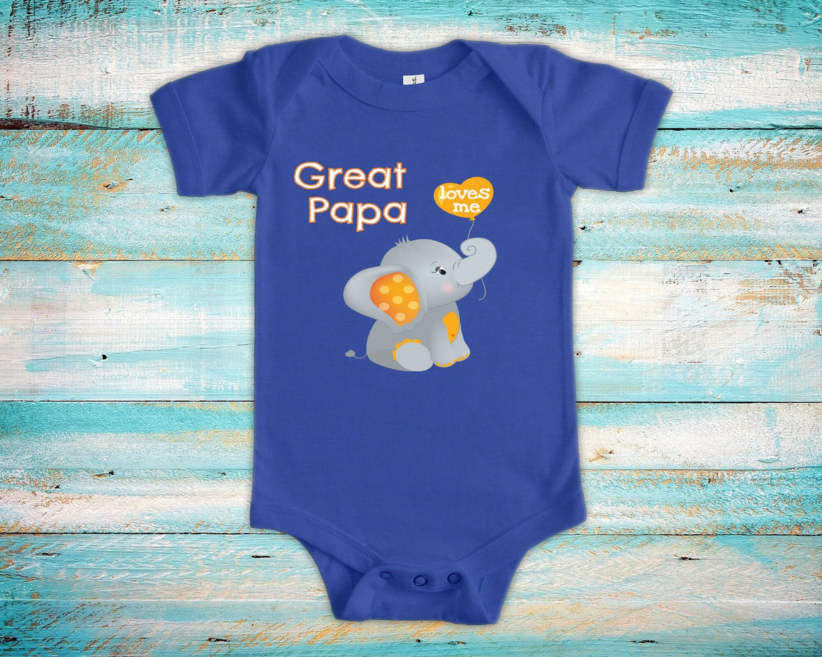 Great Papa Loves Me Cute Grandpa Name Elephant Baby Bodysuit, Tshirt or Toddler Shirt Special Grandfather Gift or Pregnancy Announcement