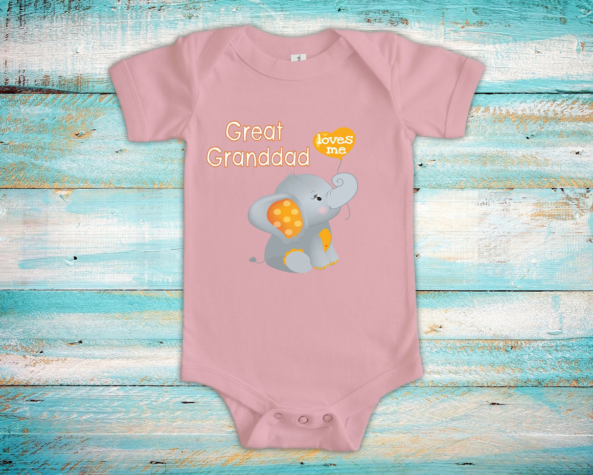 Great Granddad Loves Me Cute Grandpa Name Elephant Baby Bodysuit, Tshirt or Toddler Shirt Special Grandfather Gift or Pregnancy Announcement