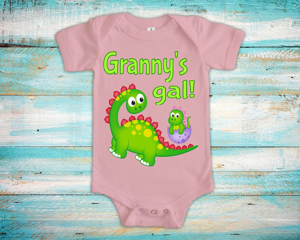 Granny's Gal Cute Grandma Name Dinosaur Baby Bodysuit, Tshirt or Toddler Shirt Special Grandmother Gift or Pregnancy Reveal Announcement