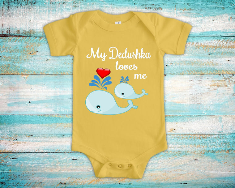 Dedushka Loves Me Cute Grandpa Name Whale Baby Bodysuit, Tshirt or Toddler Shirt Russian Grandfather Gift or Pregnancy Reveal Announcement