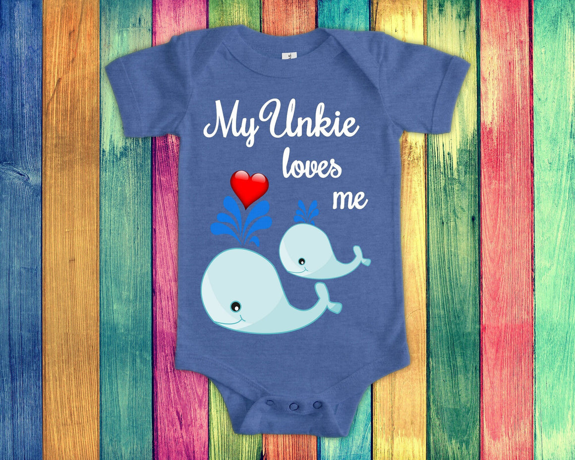 Unkie Loves Me Cute Uncle Name Whale Baby Bodysuit, Tshirt or Toddler Shirt Special Uncle Gift or Pregnancy Reveal Announcement