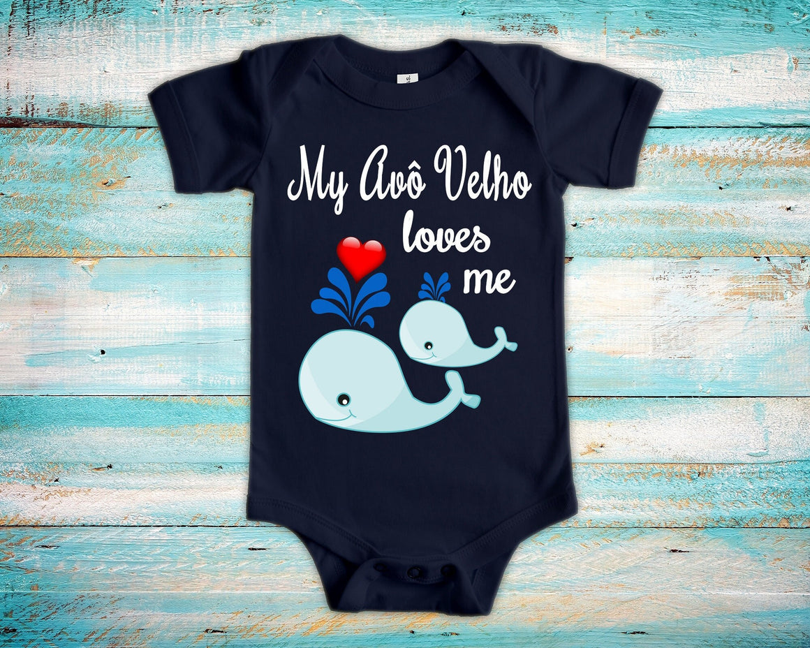 Avô Velho Loves Me Cute Grandpa Name Whale Baby Bodysuit, Tshirt or Toddler Shirt Brazilian Grandfather Gift, Pregnancy Reveal Announcement