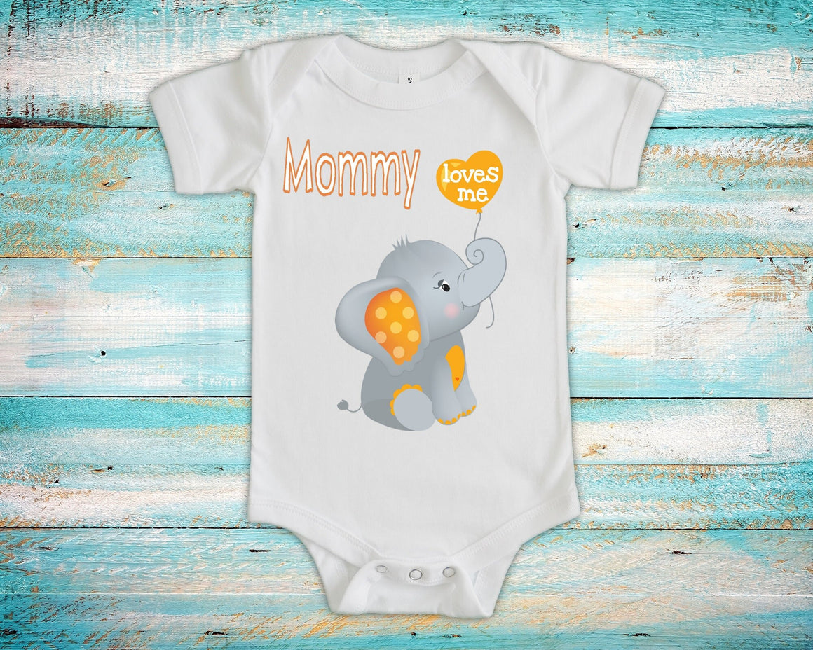 Mommy Loves Me Cute Mom Name Elephant Baby Bodysuit, Tshirt or Toddler Shirt Special Mother's Day Gift or Pregnancy Reveal Announcement