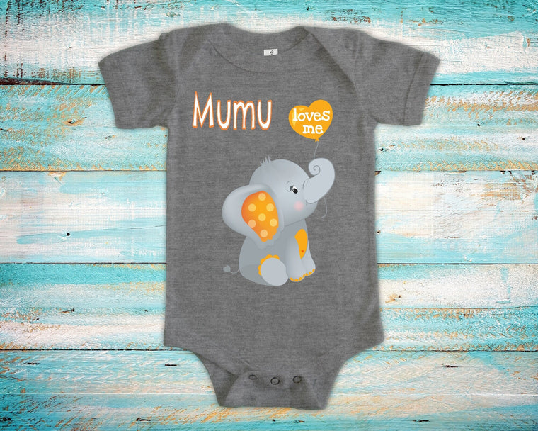 Mumu Loves Me Cute Grandma Name Elephant Baby Bodysuit, Tshirt or Toddler Shirt Finnish Grandmother Gift or Pregnancy Reveal Announcement