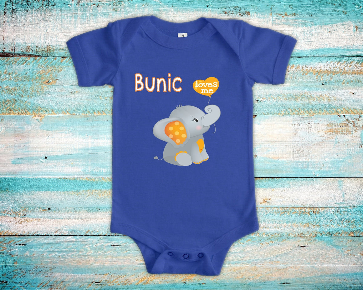 Bunic Loves Me Cute Grandpa Name Elephant Baby Bodysuit, Tshirt or Toddler Shirt Romanian Grandfather Gift or Pregnancy Reveal Announcement