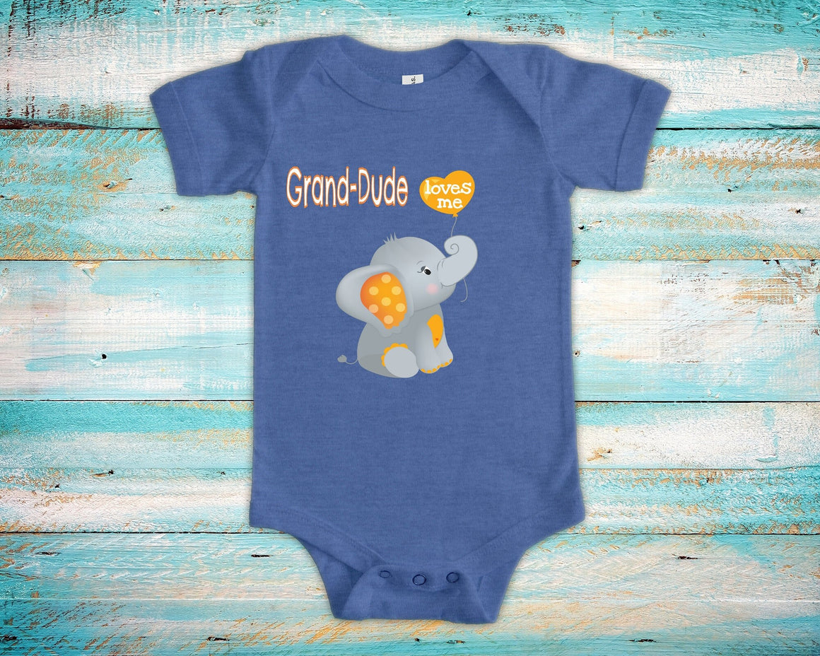 Grand-Dude Loves Me Grandpa Name Elephant Baby Bodysuit, Tshirt or Toddler Shirt Special Grandfather Gift or Pregnancy Reveal Announcement