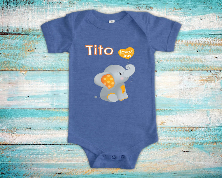 Tito Loves Me Cute Grandpa Name Elephant Baby Bodysuit, Tshirt or Toddler Shirt Spanish Grandfather Gift or Pregnancy Reveal Announcement