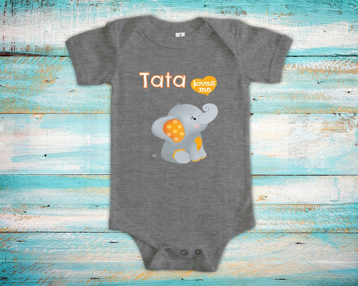 Tata Loves Me Cute Grandpa Name Elephant Baby Bodysuit, Tshirt or Toddler Shirt Spanish Latin Grandfather Gift or Pregnancy Announcement