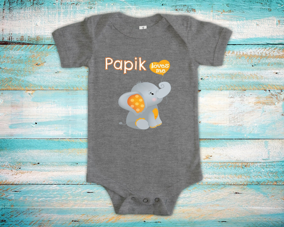 Papik Loves Me Cute Grandpa Name Elephant Baby Bodysuit, Tshirt or Toddler Shirt Armenian Grandfather Gift or Pregnancy Reveal Announcement