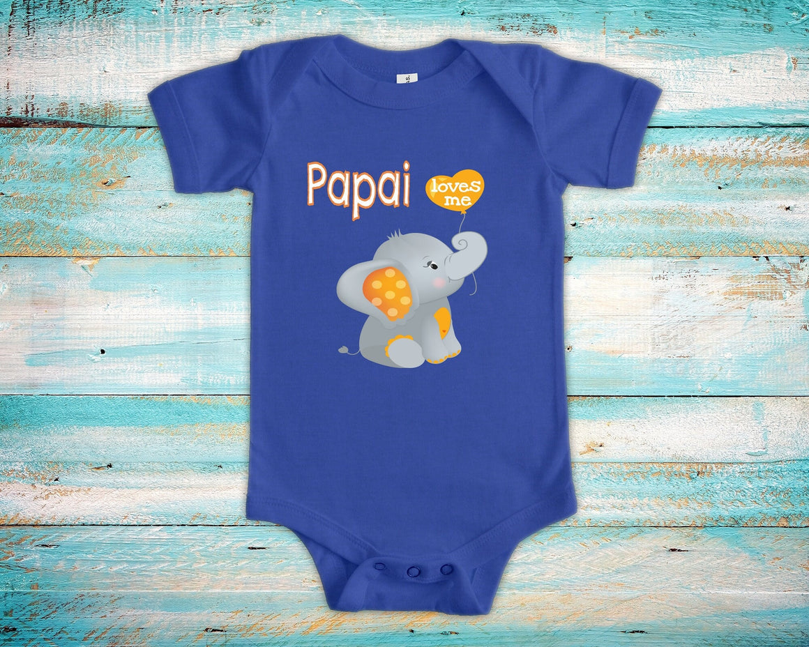Papai Loves Me Cute Grandpa Name Elephant Baby Bodysuit, Tshirt or Toddler Shirt Brazilian Grandfather Gift or Pregnancy Reveal Announcement