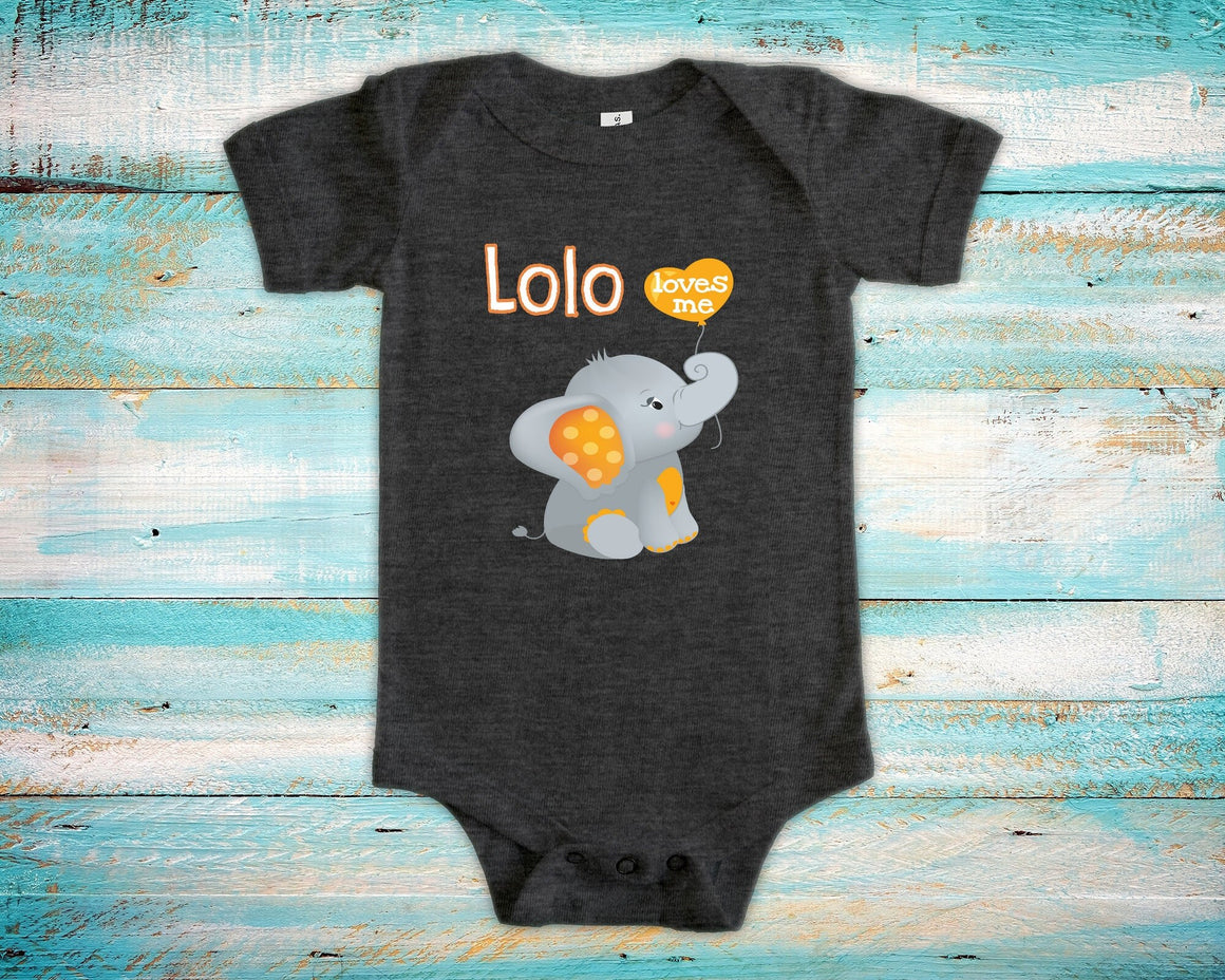 Lolo Loves Me Cute Grandpa Name Elephant Baby Bodysuit, Tshirt or Toddler Shirt Filipino Grandfather Gift or Pregnancy Reveal Announcement
