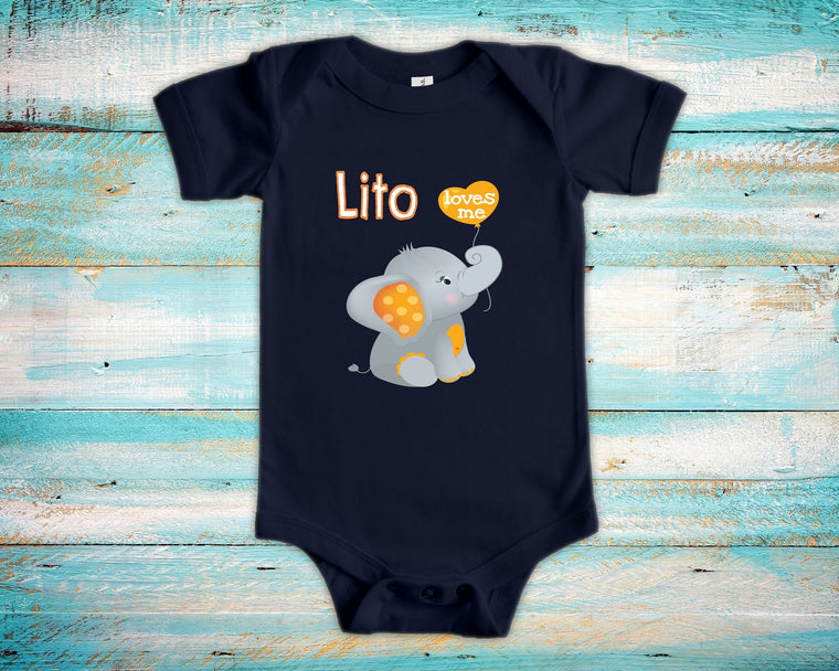 Lito Loves Me Cute Grandpa Name Elephant Baby Bodysuit, Tshirt or Toddler Shirt Spanish Grandfather Gift or Pregnancy Reveal Announcement