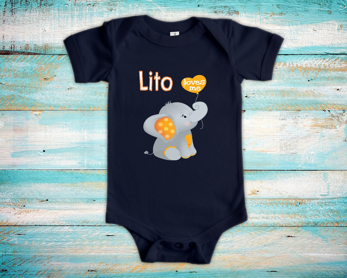 Lito Loves Me Cute Grandpa Name Elephant Baby Bodysuit, Tshirt or Toddler Shirt Spanish Grandfather Gift or Pregnancy Reveal Announcement