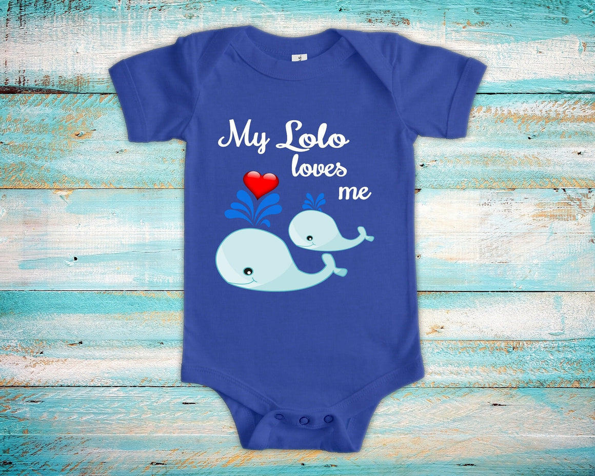 Lolo Loves Me Cute Grandpa Name Whale Baby Bodysuit, Tshirt or Toddler Shirt Filipino Grandfather Gift or Pregnancy Reveal Announcement