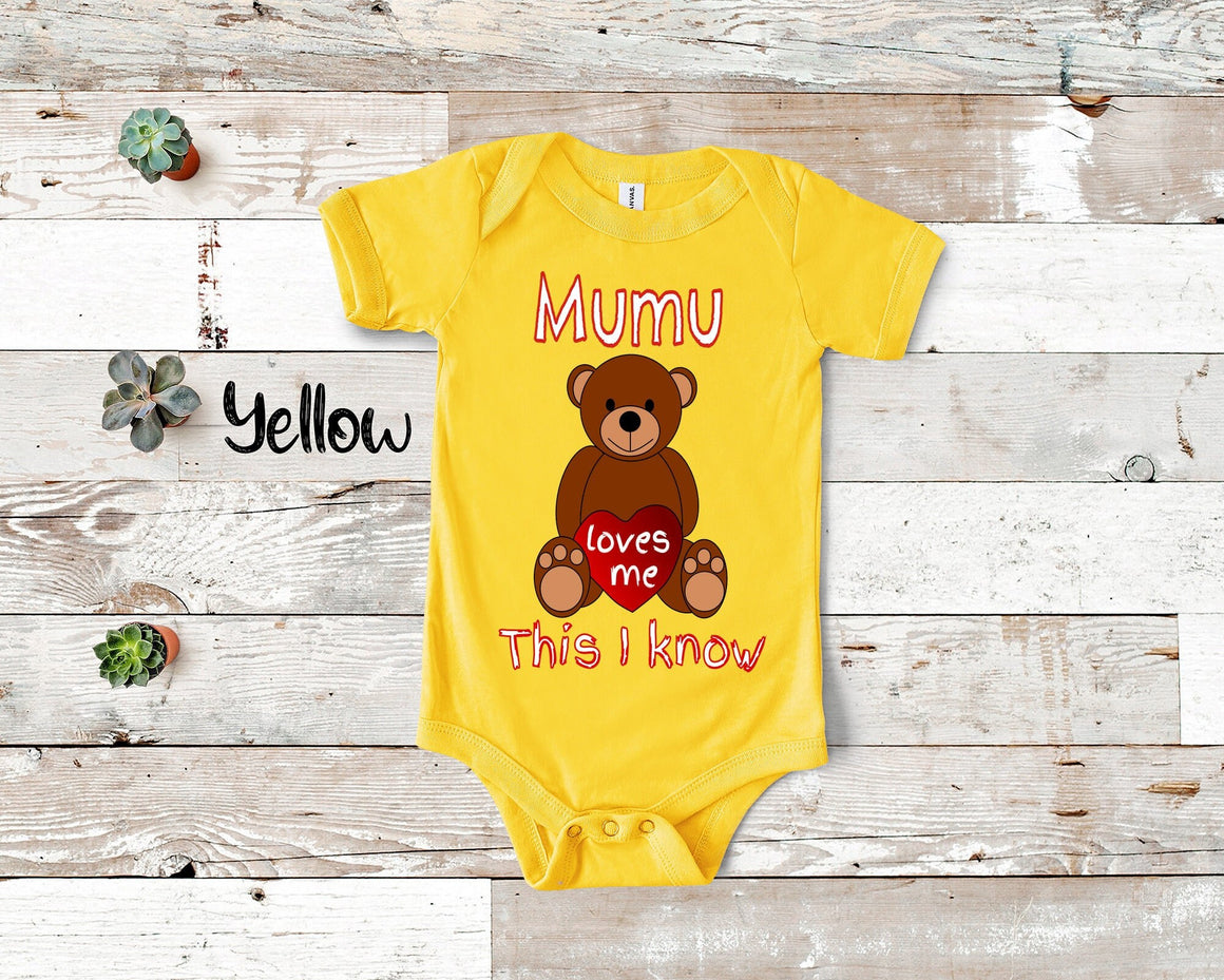 Mumu Loves Me Cute Grandma Name Bear Baby Bodysuit, Tshirt or Toddler Shirt Finnish Grandmother Gift or Pregnancy Reveal Announcement
