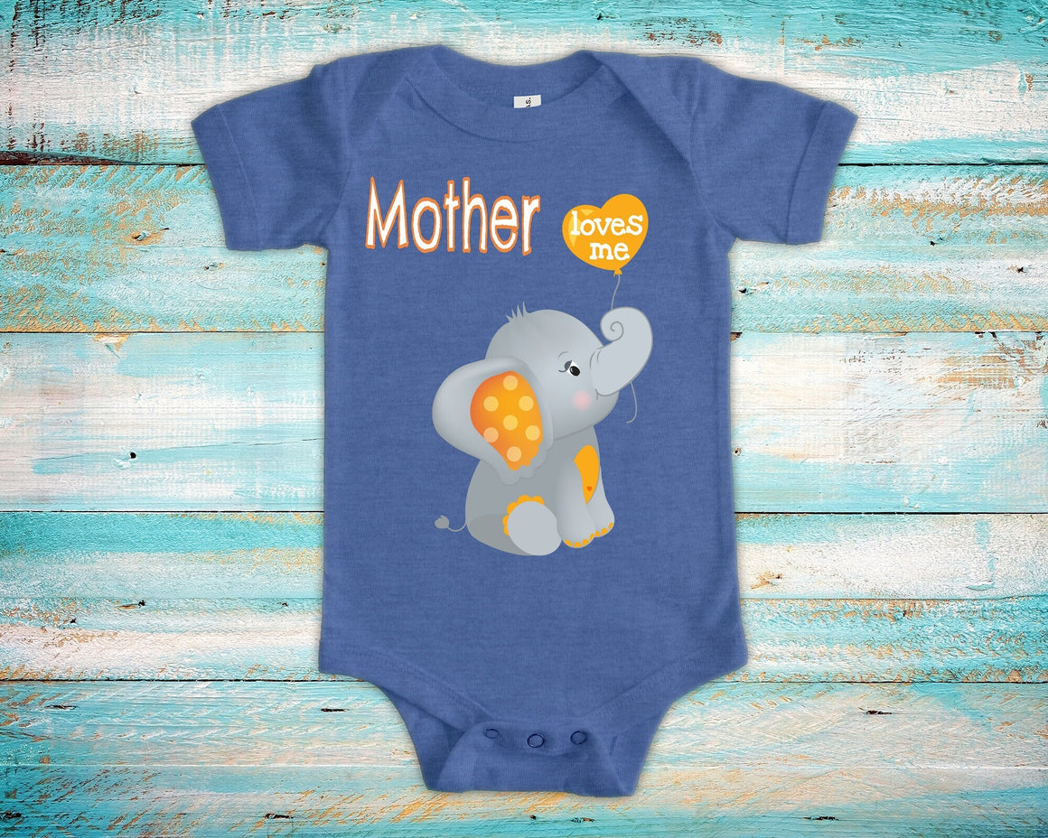 Mother Loves Me Cute Mom Name Elephant Baby Bodysuit, Tshirt or Toddler Shirt Special Mother's Day Gift or Pregnancy Reveal Announcement