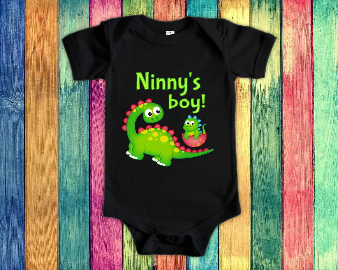 Ninny's Boy Cute Grandma Name Dinosaur Baby Bodysuit, Tshirt or Toddler Shirt for a Special Grandmother Gift or Pregnancy Announcement