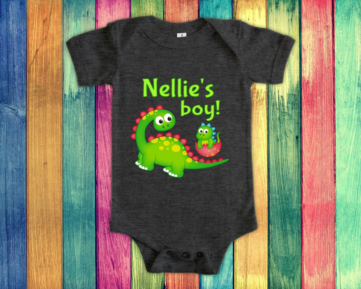 Nellie's Boy Cute Grandma Name Dinosaur Baby Bodysuit, Tshirt or Toddler Shirt for a Special Grandmother Gift or Pregnancy Announcement