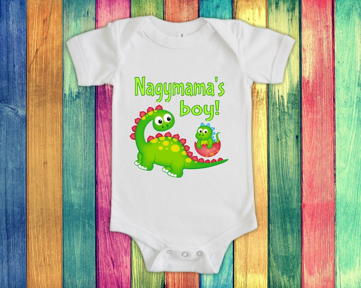 Nagymama's Boy Cute Grandma Name Dinosaur Baby Bodysuit, Tshirt or Toddler Shirt for a Hungarian Grandmother Gift or Pregnancy Reveal