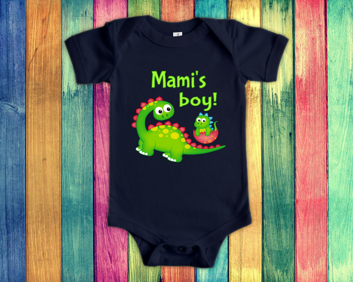 Mami's Boy Cute Grandma Name Dinosaur Baby Bodysuit, Tshirt or Toddler Shirt for a Special Grandmother Gift or Pregnancy Reveal Announcement