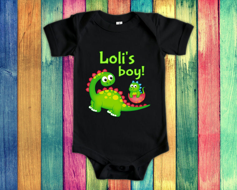 Loli's Boy Cute Grandma Name Dinosaur Baby Bodysuit, Tshirt or Toddler Shirt for a Special Grandmother Gift or Pregnancy Reveal Announcement