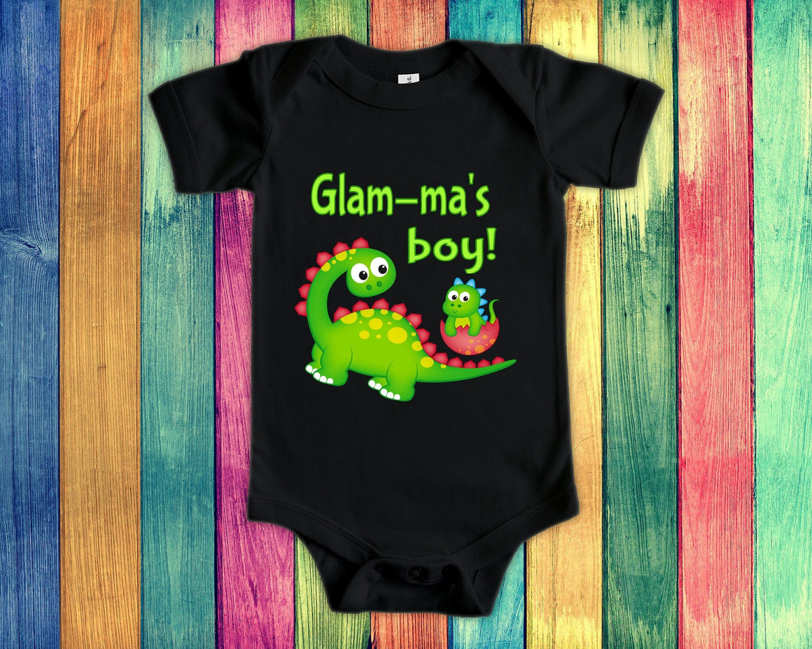 Glam-ma's Boy Cute Grandma Name Dinosaur Baby Bodysuit, Tshirt or Toddler Shirt for a Special Grandmother Gift or Pregnancy Announcement