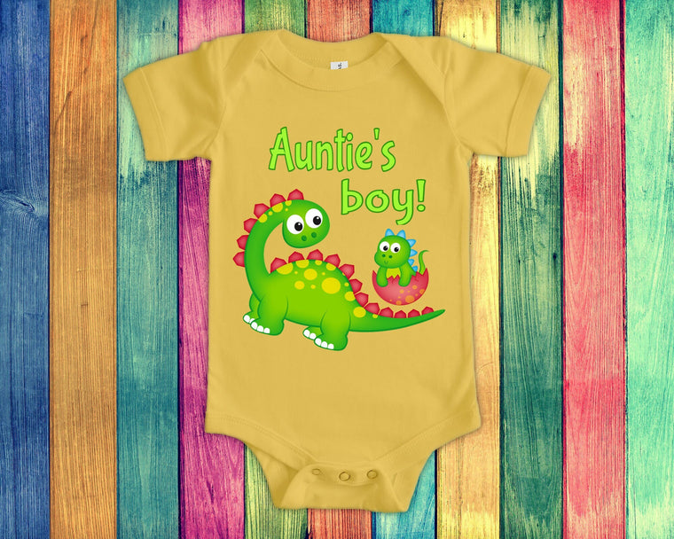 Auntie's Boy Cute Aunt Name Dinosaur Baby Bodysuit, Tshirt or Toddler Shirt for a Special Aunt Gift or Pregnancy Reveal Announcement