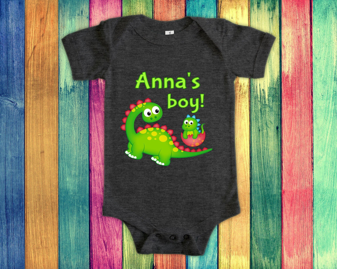 Anna's Boy Cute Grandma Name Dinosaur Baby Bodysuit, Tshirt or Toddler Shirt for a Special Grandmother Gift or Pregnancy Reveal Announcement