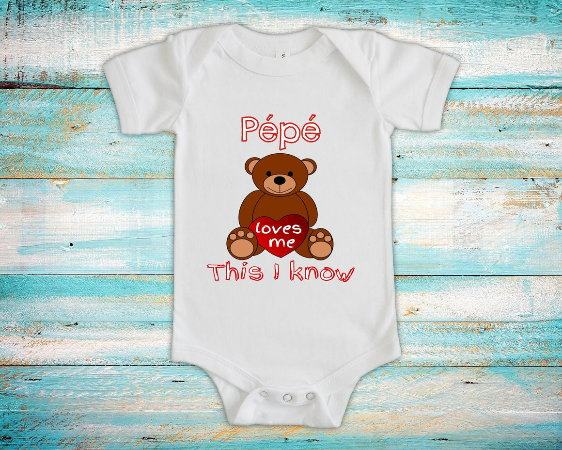 Pépé Loves Me Cute Grandpa Name Bear Baby Bodysuit, Tshirt or Toddler Shirt France French Grandfather Gift or Pregnancy Reveal Announcement
