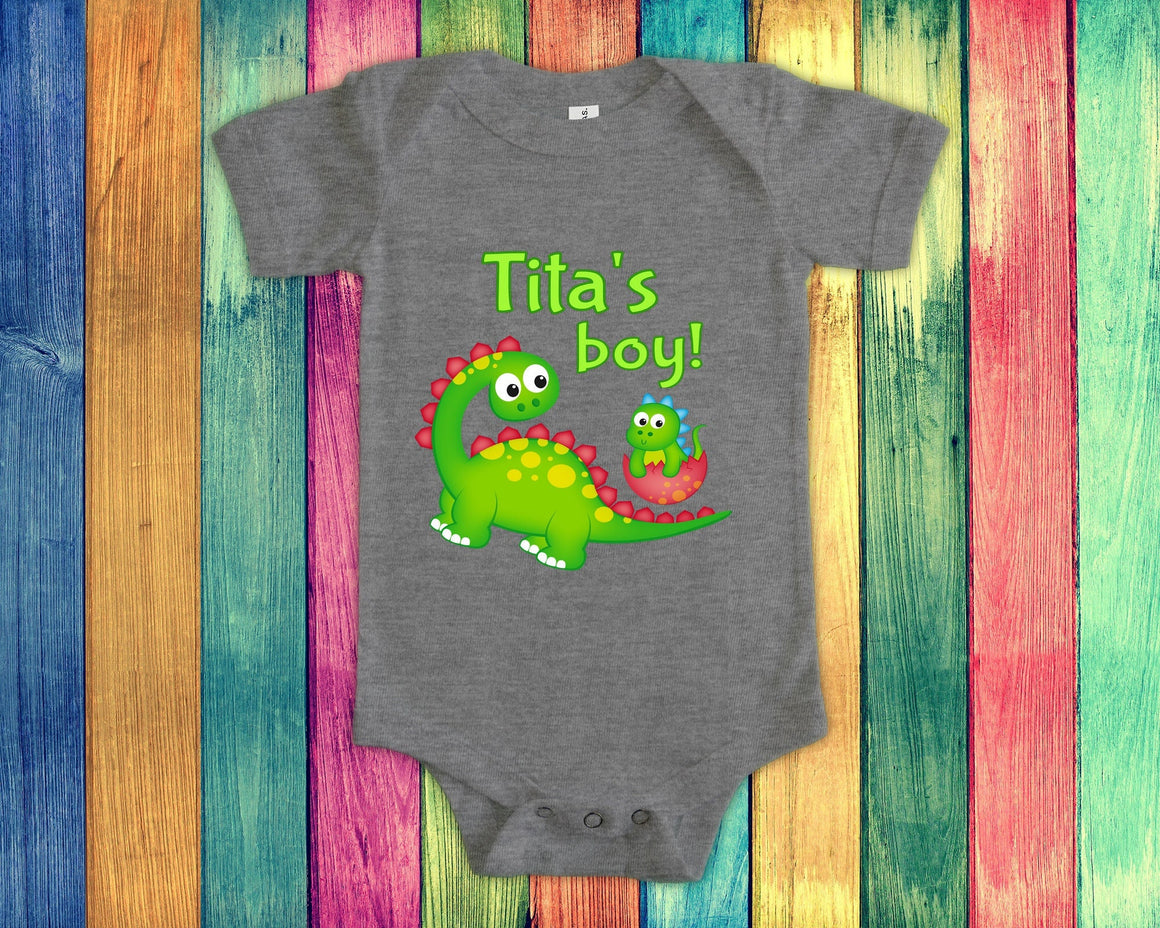 Tita's Boy Cute Grandma Name Dinosaur Baby Bodysuit, Tshirt or Toddler Shirt for a Filipino or Spanish Grandmother Gift or Pregnancy Reveal