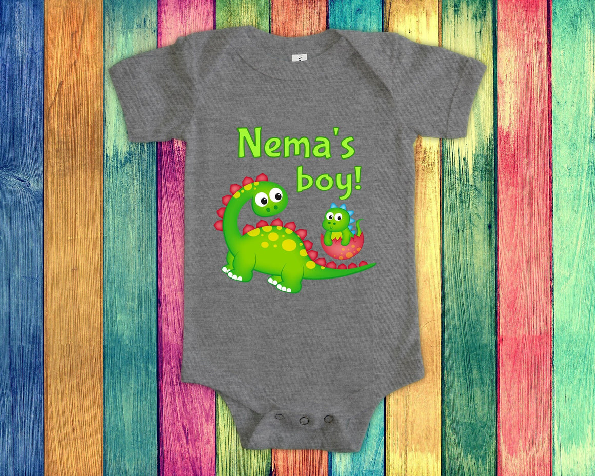 Nema's Boy Cute Grandma Name Dinosaur Baby Bodysuit, Tshirt or Toddler Shirt for a Special Grandmother Gift or Pregnancy Reveal Announcement