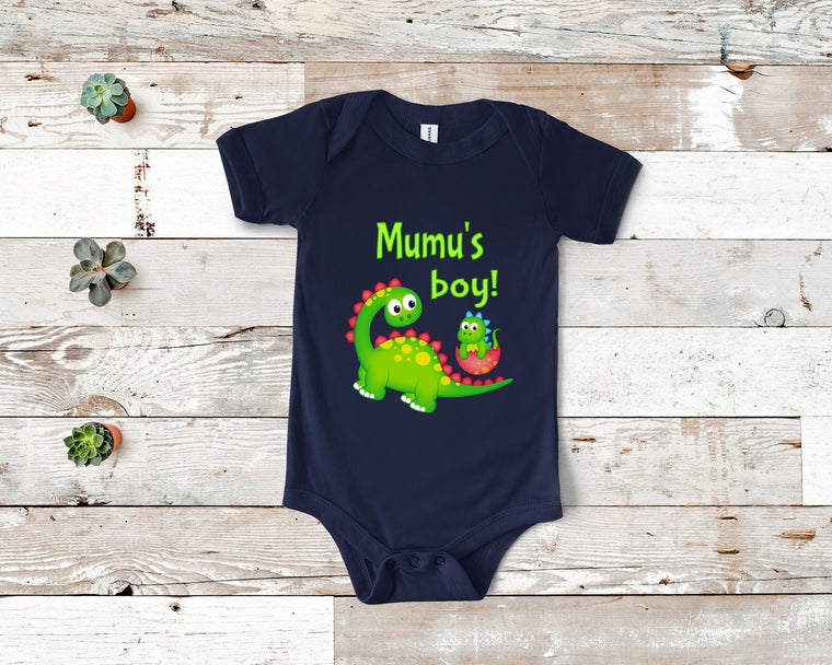 Mumu's Boy Cute Grandma Name Dinosaur Baby Bodysuit, Tshirt or Toddler Shirt for aFinnish Grandmother Gift or Pregnancy Announcement