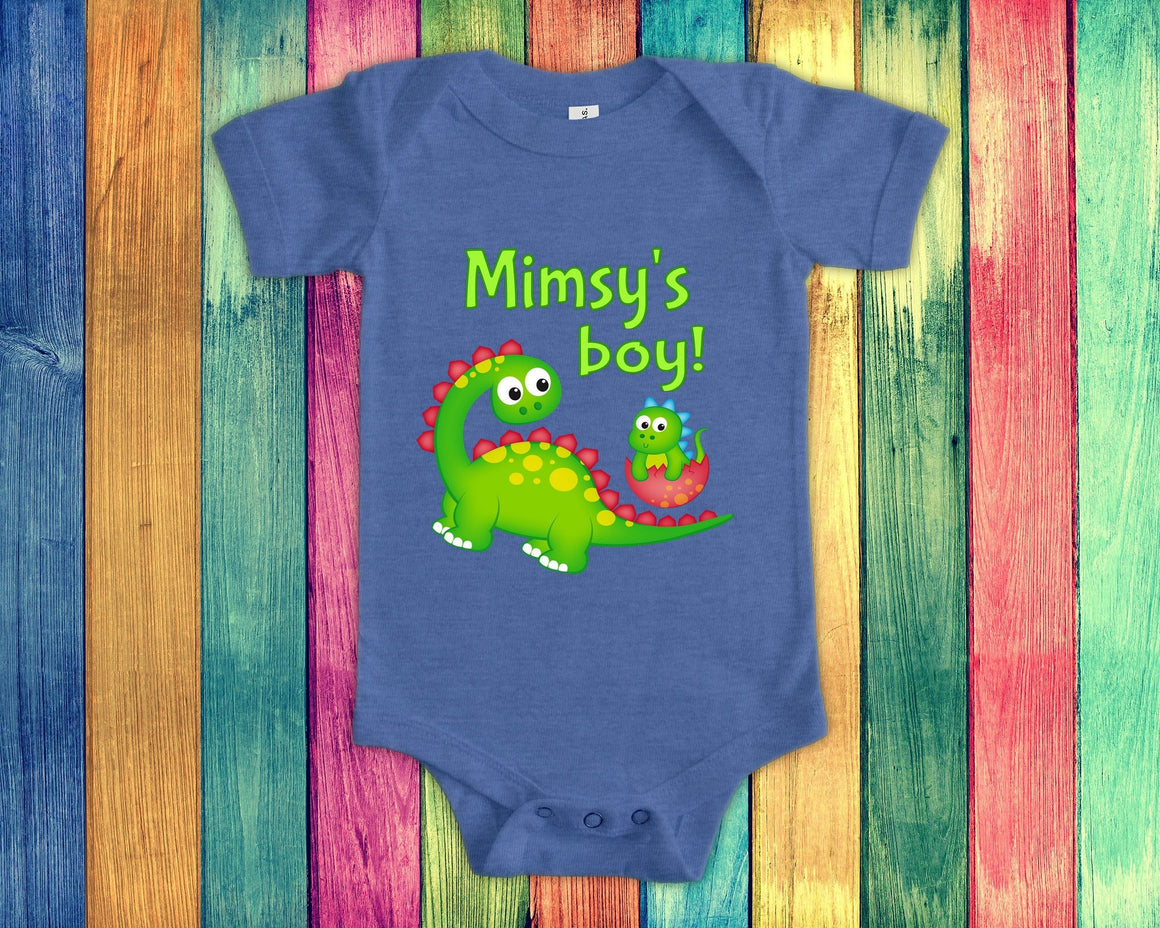Mimsy's Boy Cute Grandma Name Dinosaur Baby Bodysuit, Tshirt or Toddler Shirt for a Special Grandmother Gift or Pregnancy Announcement